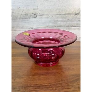 Rossi Glass Cranberry Glass Relish Bowl Etched SIGNED shallow wide-mouthed